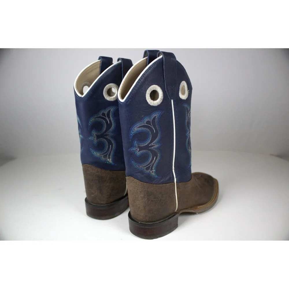 Old West Youth 3 D Western Boots Broad Square Toe Brown Blue Leather Cowboy